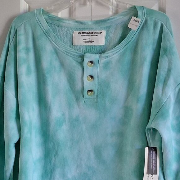The Sweatshirt Project Oversized Teal Tie Dye Henley Sweatshirt Women's Size L - Picture 2 of 16
